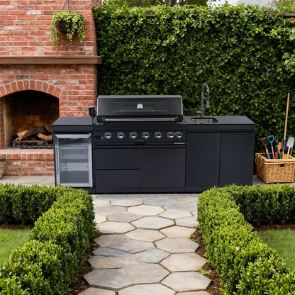 43 - Inch 6 - Burner 85000 BTU Deluxe Stainless Steel Gas Outdoor Kitchen Bar Barbecue Island Grill + Wine Cooler Compact Refrigerator + Rotisserie kit + Granite Countertops + Stainless steel Sink - 1st Choice Furniture Direct