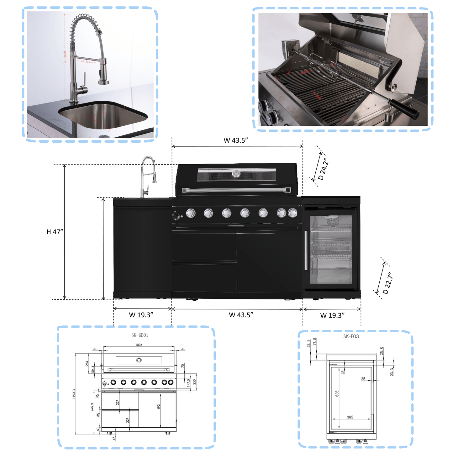 43 - Inch 6 - Burner 85,000 BTU Stainless Steel Outdoor Kitchen Island Grill with Wine Cooler Refrigerator, Rotisserie Kit, Granite Countertops & Stainless Steel Sink - 1st Choice Furniture Direct