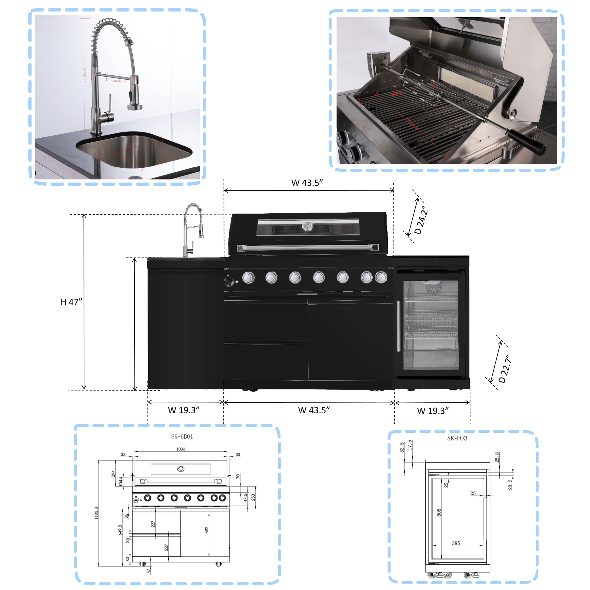 43 - Inch 6 - Burner 85,000 BTU Stainless Steel Outdoor Kitchen Island Grill with Wine Cooler Refrigerator, Rotisserie Kit, Granite Countertops & Stainless Steel Sink - 1st Choice Furniture Direct