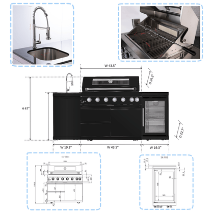 43 - Inch 6 - Burner 85,000 BTU Stainless Steel Outdoor Kitchen Island Grill with Wine Cooler Refrigerator, Rotisserie Kit, Granite Countertops & Stainless Steel Sink - 1st Choice Furniture Direct