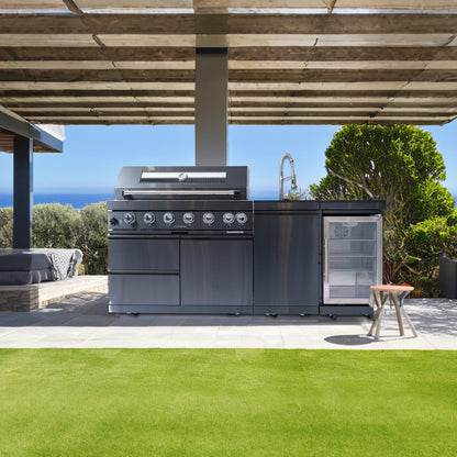 43 - Inch 6 - Burner 85,000 BTU Stainless Steel Outdoor Kitchen Island Grill with Wine Cooler Refrigerator, Rotisserie Kit, Granite Countertops & Stainless Steel Sink - 1st Choice Furniture Direct
