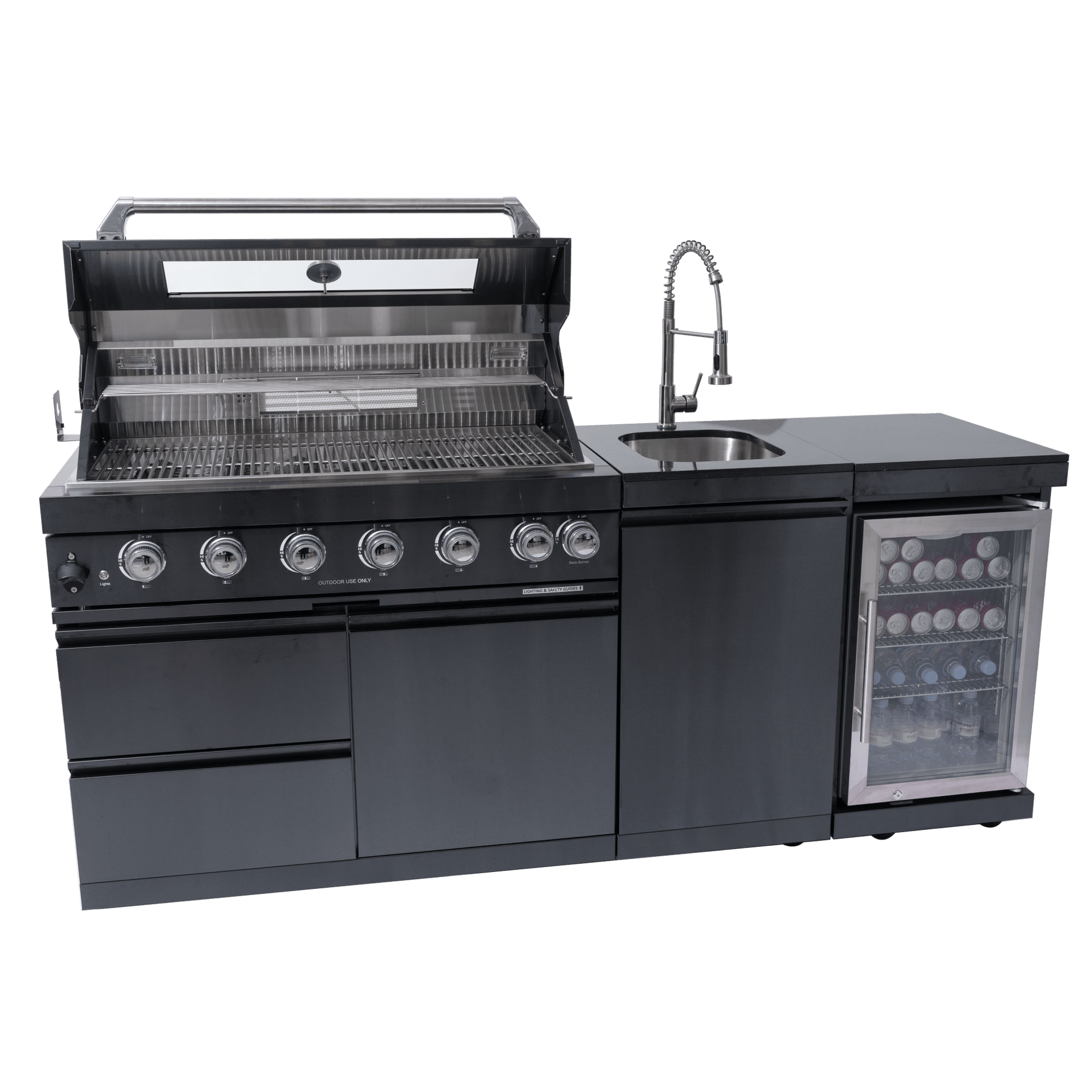 43 - Inch 6 - Burner 85,000 BTU Stainless Steel Outdoor Kitchen Island Grill with Wine Cooler Refrigerator, Rotisserie Kit, Granite Countertops & Stainless Steel Sink - 1st Choice Furniture Direct