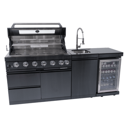 43 - Inch 6 - Burner 85,000 BTU Stainless Steel Outdoor Kitchen Island Grill with Wine Cooler Refrigerator, Rotisserie Kit, Granite Countertops & Stainless Steel Sink - 1st Choice Furniture Direct