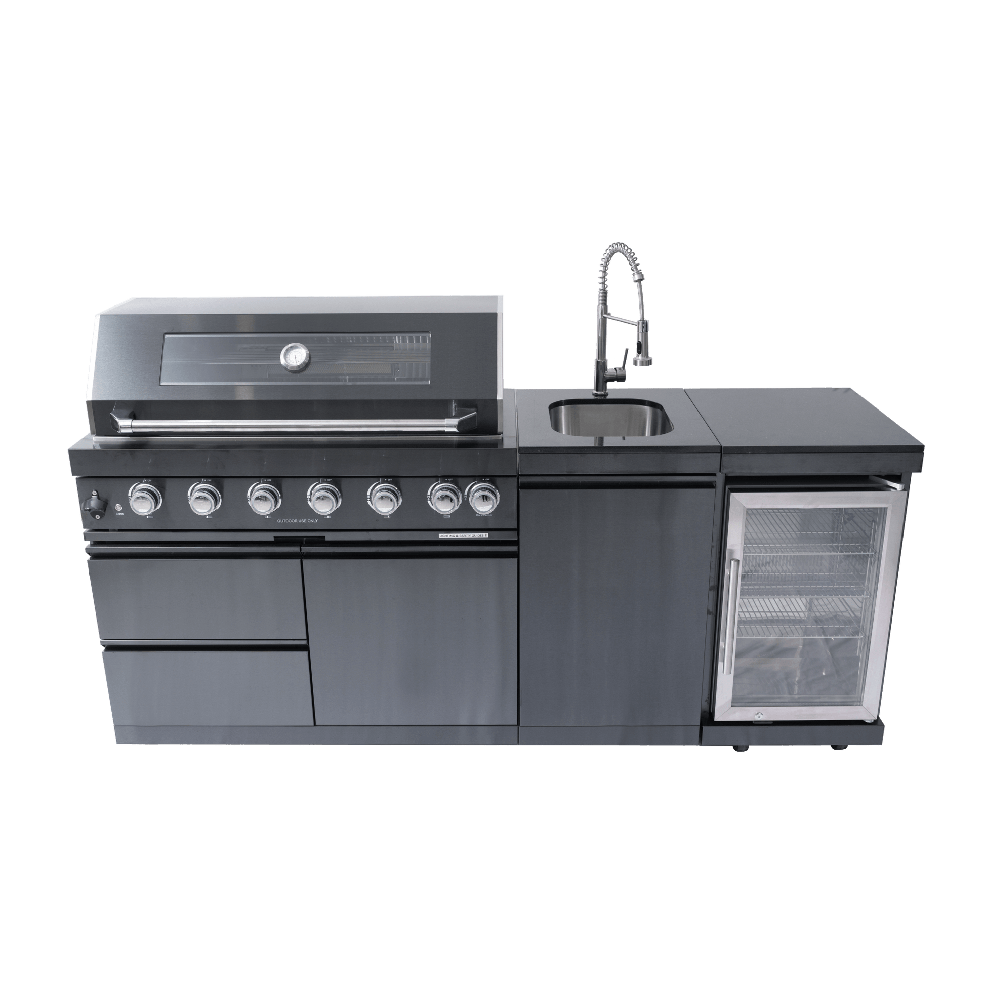 43 - Inch 6 - Burner 85,000 BTU Stainless Steel Outdoor Kitchen Island Grill with Wine Cooler Refrigerator, Rotisserie Kit, Granite Countertops & Stainless Steel Sink - 1st Choice Furniture Direct