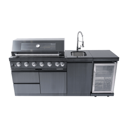 43 - Inch 6 - Burner 85,000 BTU Stainless Steel Outdoor Kitchen Island Grill with Wine Cooler Refrigerator, Rotisserie Kit, Granite Countertops & Stainless Steel Sink - 1st Choice Furniture Direct