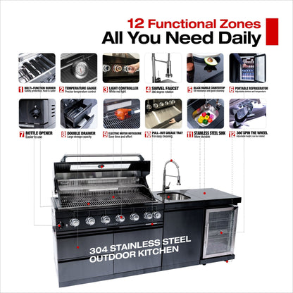 43 - Inch 6 - Burner 85,000 BTU Stainless Steel Outdoor Kitchen Island Grill with Wine Cooler Refrigerator, Rotisserie Kit, Granite Countertops & Stainless Steel Sink - 1st Choice Furniture Direct