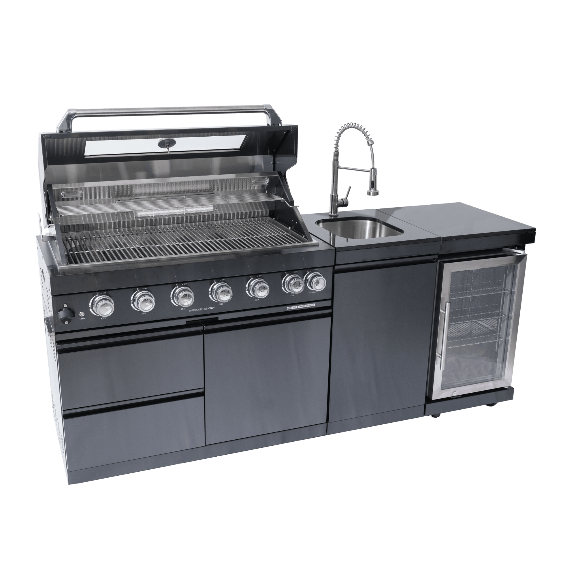 43 - Inch 6 - Burner 85,000 BTU Stainless Steel Outdoor Kitchen Island Grill with Wine Cooler Refrigerator, Rotisserie Kit, Granite Countertops & Stainless Steel Sink - 1st Choice Furniture Direct