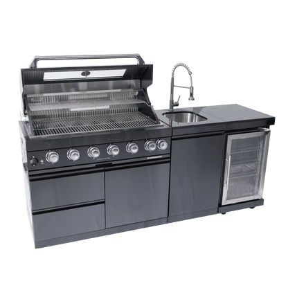43 - Inch 6 - Burner 85,000 BTU Stainless Steel Outdoor Kitchen Island Grill with Wine Cooler Refrigerator, Rotisserie Kit, Granite Countertops & Stainless Steel Sink - 1st Choice Furniture Direct