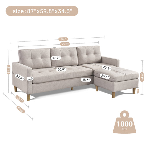 1st Choice 87" Wide Modern Convertible Sectional Sofa & Chaise in Beige