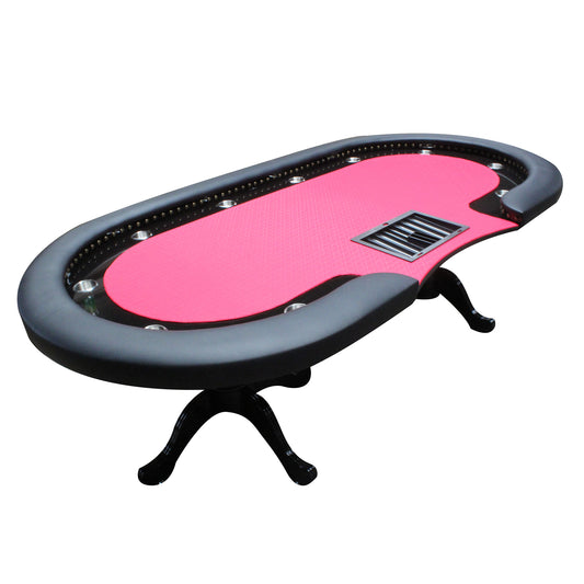 96' Poker Table for 10 Players Casino Game Texas Hold'em Premium Oval with Round Stud Rivet Decorate Waterproof Cloth Chip Tray Cup Holders Red