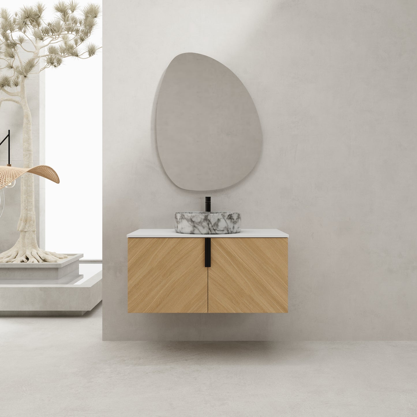 36' Bathroom Vanity With Top Ceramic Art Sink and Artificial Stone Slab, 2-Soft Close Door, Wall-Mounted Mounting Design, Plywood (KD-Packing)