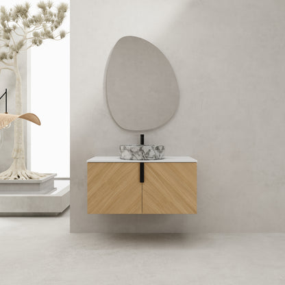 36' Bathroom Vanity With Top Ceramic Art Sink and Artificial Stone Slab, 2-Soft Close Door, Wall-Mounted Mounting Design, Plywood (KD-Packing)