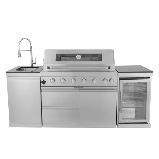 44 - Inch 6 - Burner 85,000 BTU Deluxe Stainless Steel Gas Outdoor Kitchen Island Grill with Wine Cooler Refrigerator, Rotisserie, Granite Countertops, Storage Cabinets & Drawers - 1st Choice Furniture Direct