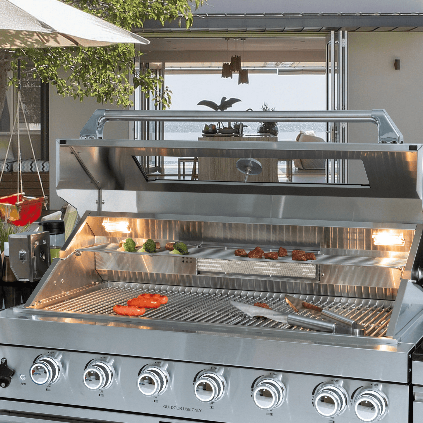 44 - Inch 6 - Burner 85,000 BTU Deluxe Stainless Steel Gas Outdoor Kitchen Island Grill with Wine Cooler Refrigerator, Rotisserie, Granite Countertops, Storage Cabinets & Drawers - 1st Choice Furniture Direct