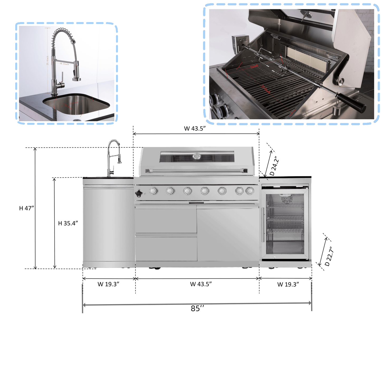 44 - Inch 6 - Burner 85,000 BTU Deluxe Stainless Steel Gas Outdoor Kitchen Island Grill with Wine Cooler Refrigerator, Rotisserie, Granite Countertops, Storage Cabinets & Drawers - 1st Choice Furniture Direct