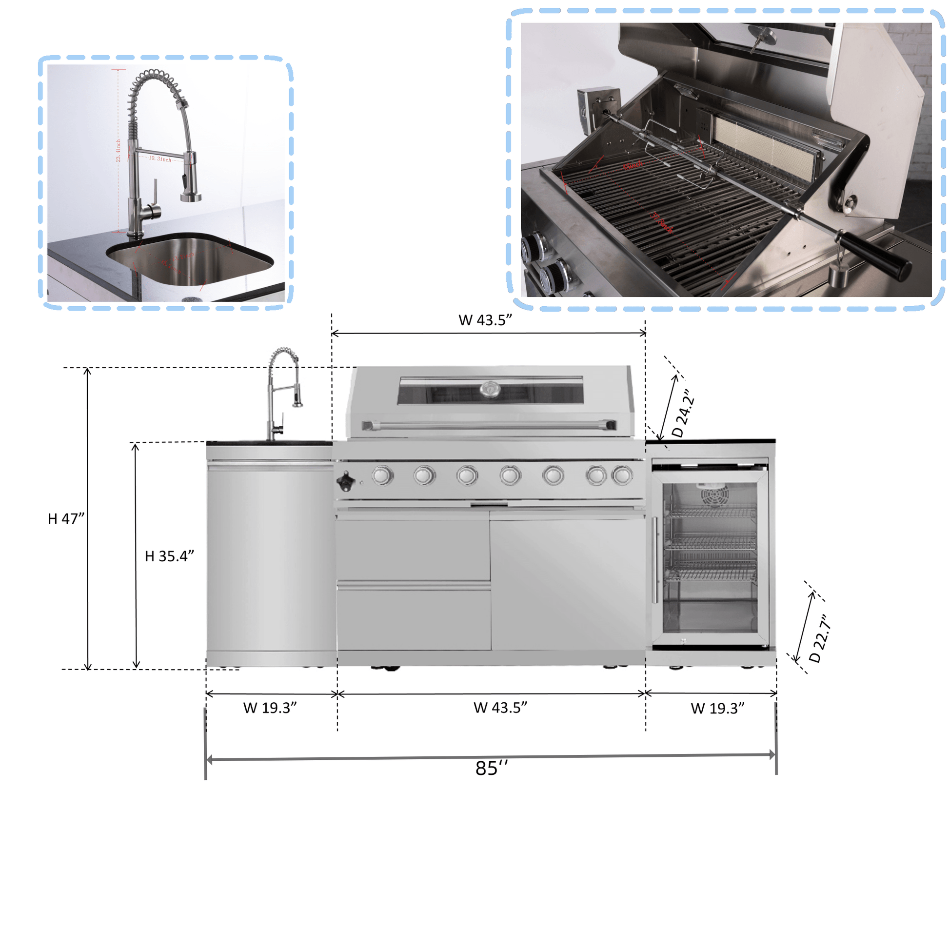 44 - Inch 6 - Burner 85,000 BTU Deluxe Stainless Steel Gas Outdoor Kitchen Island Grill with Wine Cooler Refrigerator, Rotisserie, Granite Countertops, Storage Cabinets & Drawers - 1st Choice Furniture Direct
