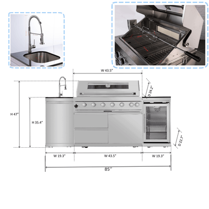 44 - Inch 6 - Burner 85,000 BTU Deluxe Stainless Steel Gas Outdoor Kitchen Island Grill with Wine Cooler Refrigerator, Rotisserie, Granite Countertops, Storage Cabinets & Drawers - 1st Choice Furniture Direct