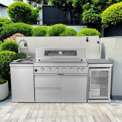 44 - Inch 6 - Burner 85,000 BTU Deluxe Stainless Steel Gas Outdoor Kitchen Island Grill with Wine Cooler Refrigerator, Rotisserie, Granite Countertops, Storage Cabinets & Drawers - 1st Choice Furniture Direct