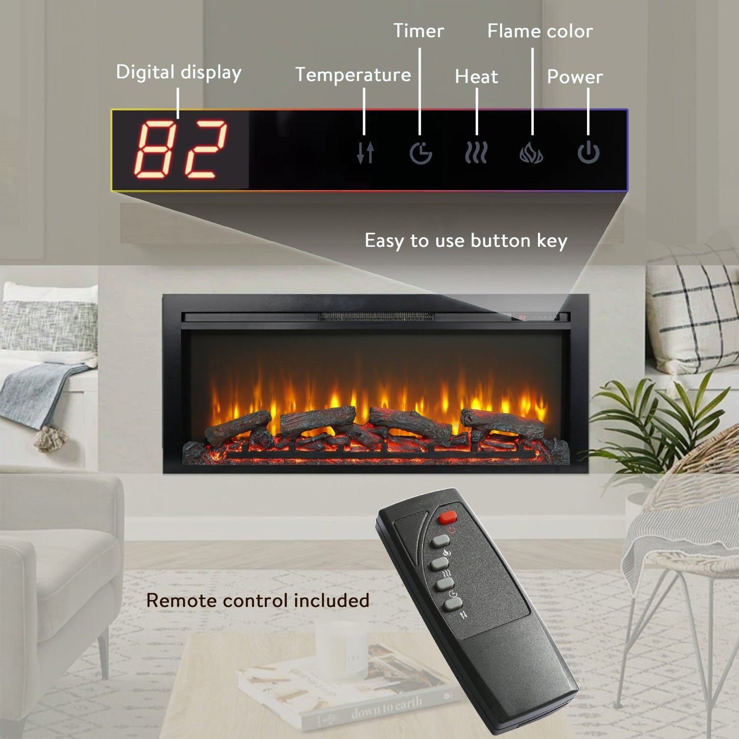 44 Inch Wall Mounted Electric Fireplace with Remote Control - 1st Choice Furniture Direct