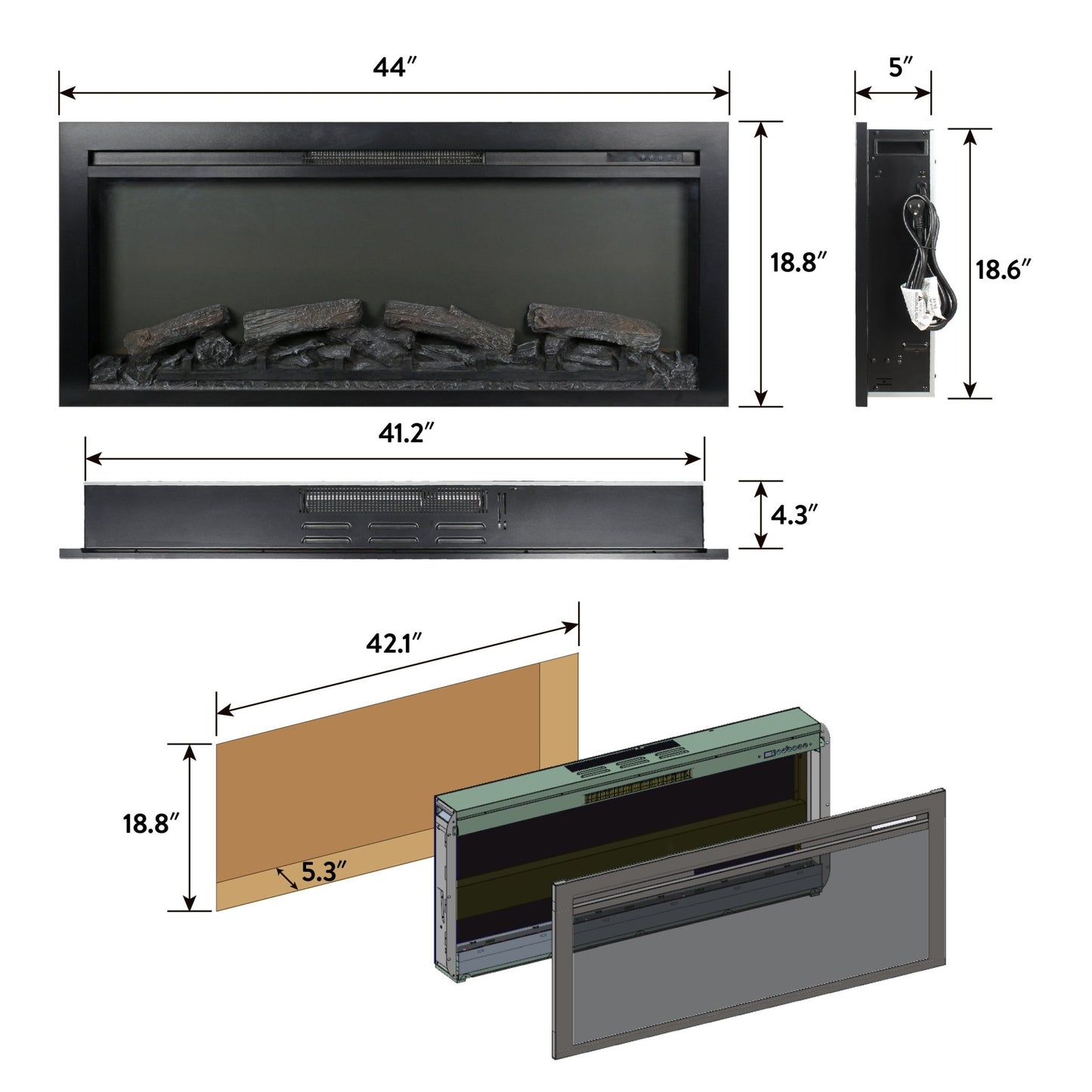 44 Inch Wall Mounted Electric Fireplace with Remote Control - 1st Choice Furniture Direct