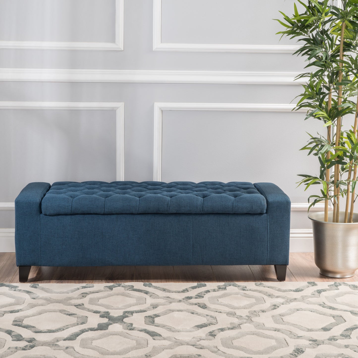 1st Choice Modern Durable Fabric Navy Blue Storage Tufted Top Ottoman