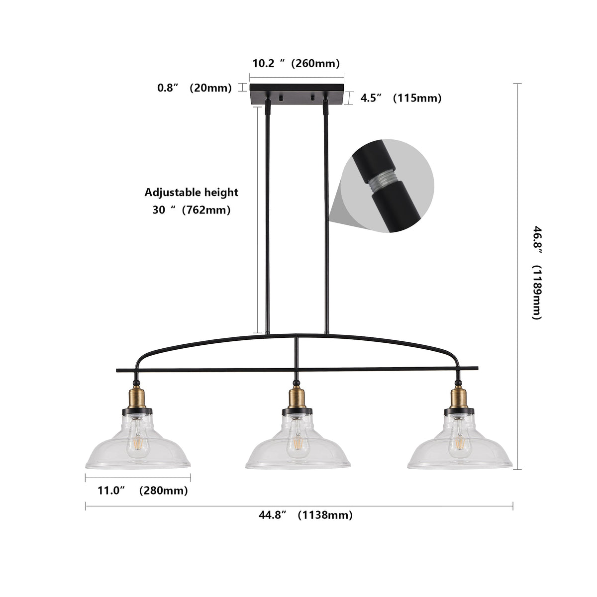 45' Industrial 3-Light Pendant Chandelier with Clear Glass Shades, Black Metal Frame, Adjustable Height, Modern Farmhouse Lighting for Kitchen Island, Dining Room, or Living Room (Bulb Not Included) - 1st Choice Furniture Direct