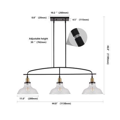 45' Industrial 3-Light Pendant Chandelier with Clear Glass Shades, Black Metal Frame, Adjustable Height, Modern Farmhouse Lighting for Kitchen Island, Dining Room, or Living Room (Bulb Not Included) - 1st Choice Furniture Direct