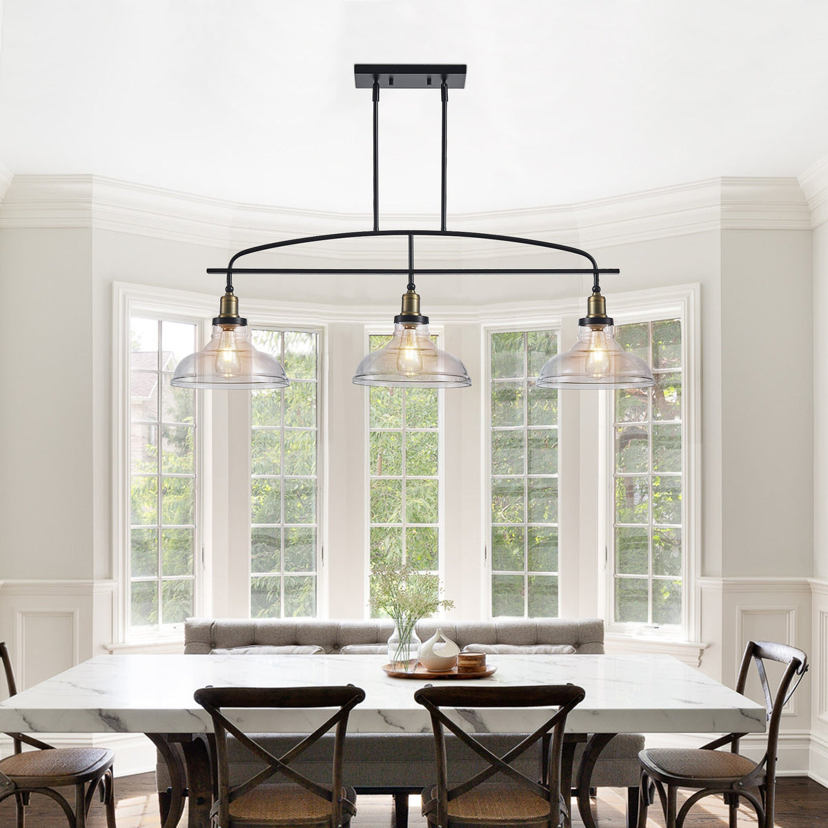 45' Industrial 3-Light Pendant Chandelier with Clear Glass Shades, Black Metal Frame, Adjustable Height, Modern Farmhouse Lighting for Kitchen Island, Dining Room, or Living Room (Bulb Not Included) - 1st Choice Furniture Direct