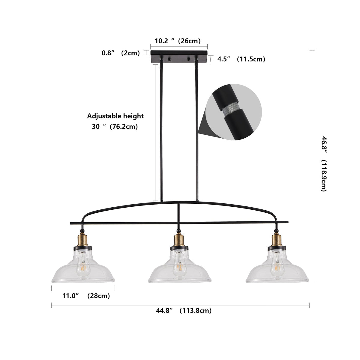 45' Industrial 3-Light Pendant Chandelier with Clear Glass Shades, Black Metal Frame, Adjustable Height, Modern Farmhouse Lighting for Kitchen Island, Dining Room, or Living Room (Bulb Not Included) - 1st Choice Furniture Direct