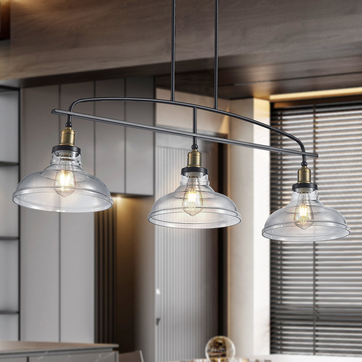 45' Industrial 3-Light Pendant Chandelier with Clear Glass Shades, Black Metal Frame, Adjustable Height, Modern Farmhouse Lighting for Kitchen Island, Dining Room, or Living Room (Bulb Not Included) - 1st Choice Furniture Direct