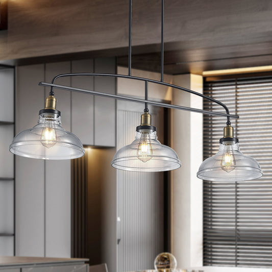 45' Industrial 3-Light Pendant Chandelier with Clear Glass Shades, Black Metal Frame, Adjustable Height, Modern Farmhouse Lighting for Kitchen Island, Dining Room, or Living Room (Bulb Not Included) - 1st Choice Furniture Direct