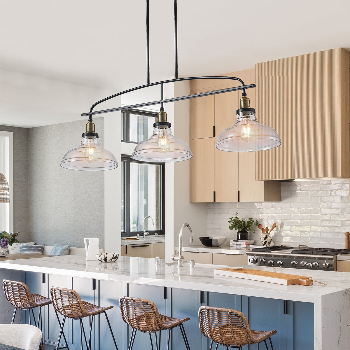 45' Industrial 3-Light Pendant Chandelier with Clear Glass Shades, Black Metal Frame, Adjustable Height, Modern Farmhouse Lighting for Kitchen Island, Dining Room, or Living Room (Bulb Not Included) - 1st Choice Furniture Direct