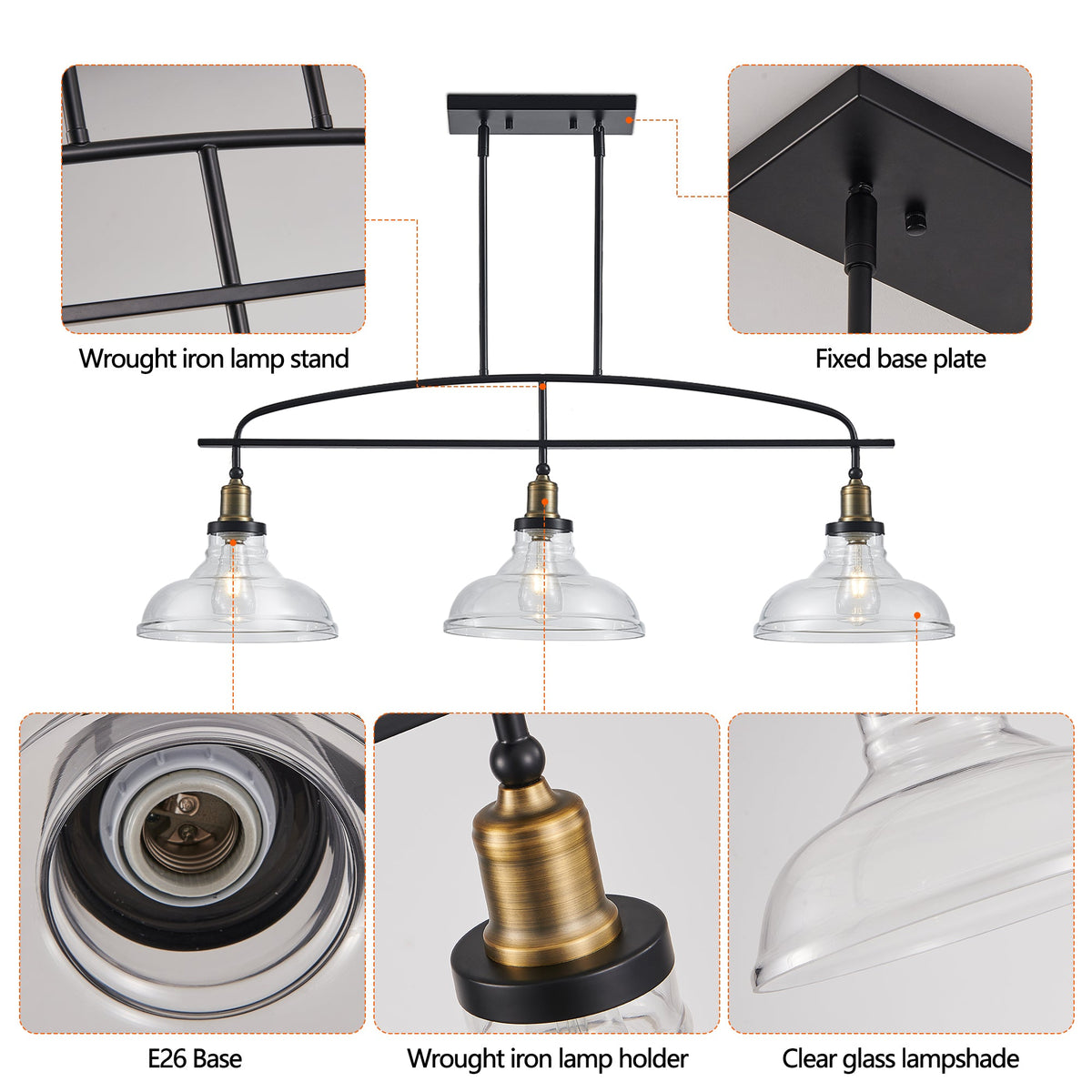 45' Industrial 3-Light Pendant Chandelier with Clear Glass Shades, Black Metal Frame, Adjustable Height, Modern Farmhouse Lighting for Kitchen Island, Dining Room, or Living Room (Bulb Not Included) - 1st Choice Furniture Direct