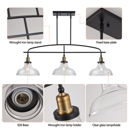 45' Industrial 3-Light Pendant Chandelier with Clear Glass Shades, Black Metal Frame, Adjustable Height, Modern Farmhouse Lighting for Kitchen Island, Dining Room, or Living Room (Bulb Not Included) - 1st Choice Furniture Direct