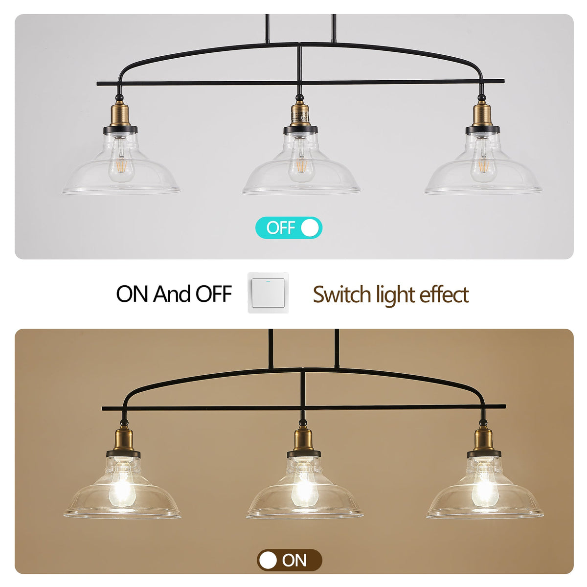 45' Industrial 3-Light Pendant Chandelier with Clear Glass Shades, Black Metal Frame, Adjustable Height, Modern Farmhouse Lighting for Kitchen Island, Dining Room, or Living Room (Bulb Not Included) - 1st Choice Furniture Direct