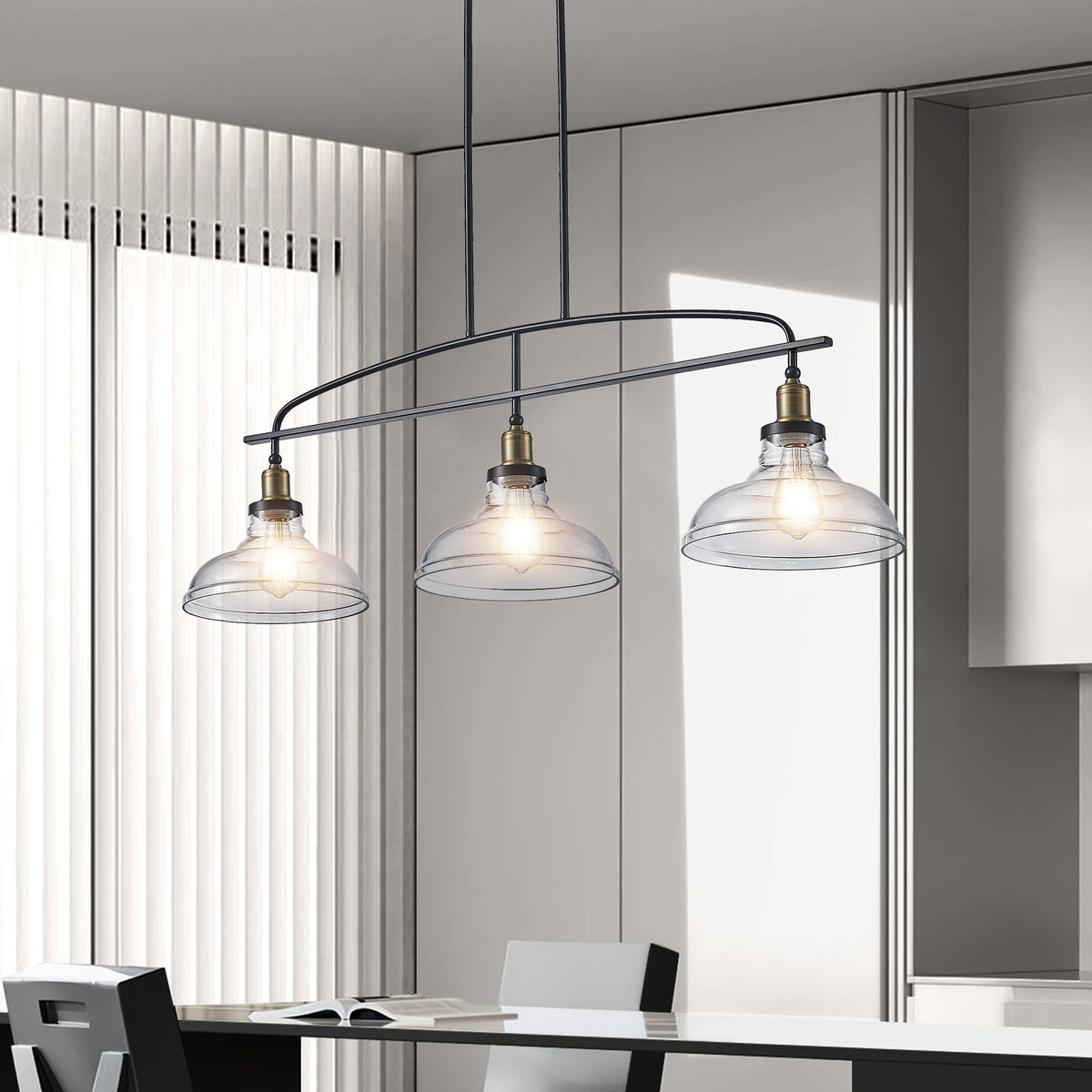 45' Industrial 3-Light Pendant Chandelier with Clear Glass Shades, Black Metal Frame, Adjustable Height, Modern Farmhouse Lighting for Kitchen Island, Dining Room, or Living Room (Bulb Not Included) - 1st Choice Furniture Direct
