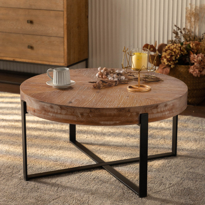 33.86'Modern Retro Splicing Round Coffee Table, Fir Wood Table Top with Black Cross Legs Base(Same SKU:W757127347)