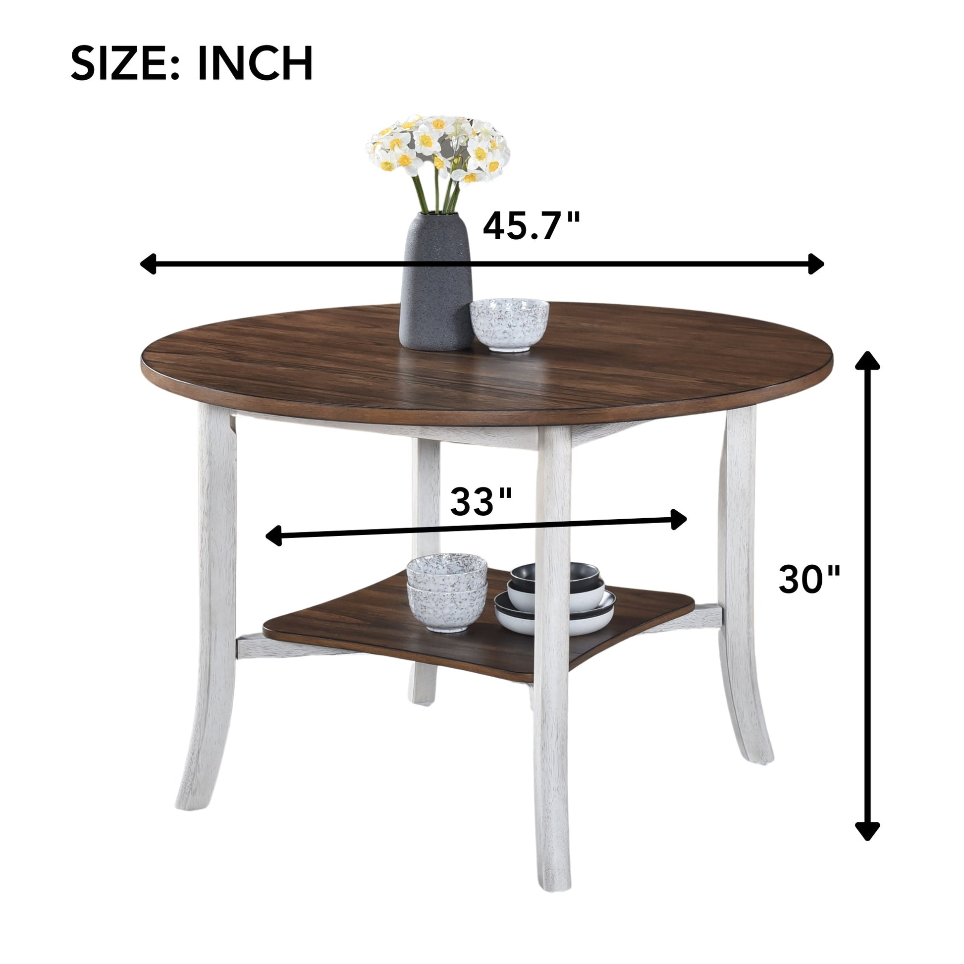 45.7' Round Dining Table with Storage Shelf, Modern Farmhouse Style, 30' Height, Rustic Dark Wood Top - 1st Choice Furniture Direct