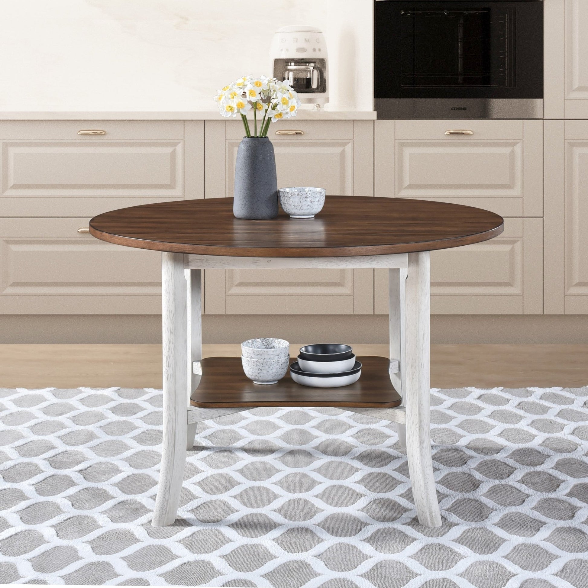 45.7' Round Dining Table with Storage Shelf, Modern Farmhouse Style, 30' Height, Rustic Dark Wood Top - 1st Choice Furniture Direct