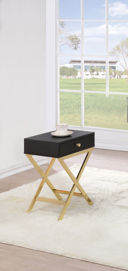 Black Accent End Table with Drawer and Brass X Base