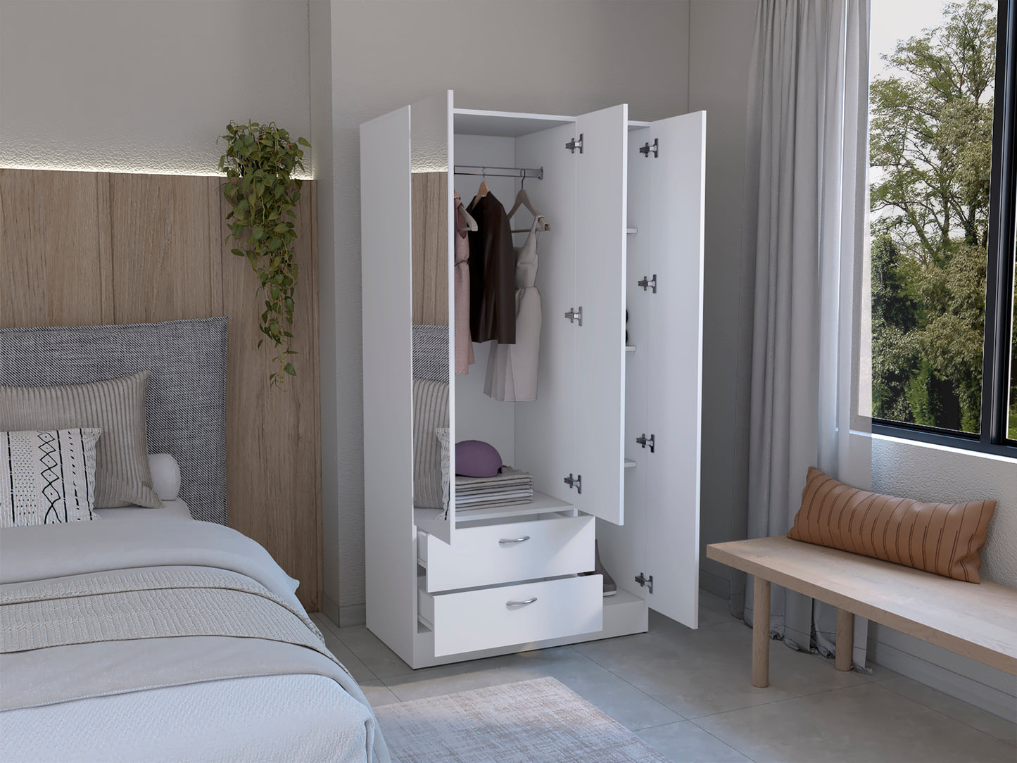 Wardrobe with 3 doors, one with mirror, two drawers, four shelves and hanging bar,White