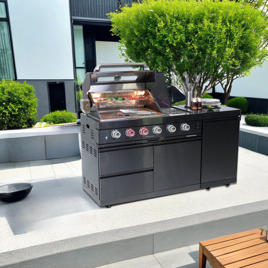 46 - Inch 4 - Burner 72000 BTU Deluxe Stainless Steel Gas Outdoor Kitchen Bar Barbecue Island Grill + Round Side Burner + Rotisserie kit + Granite Countertops - 1st Choice Furniture Direct
