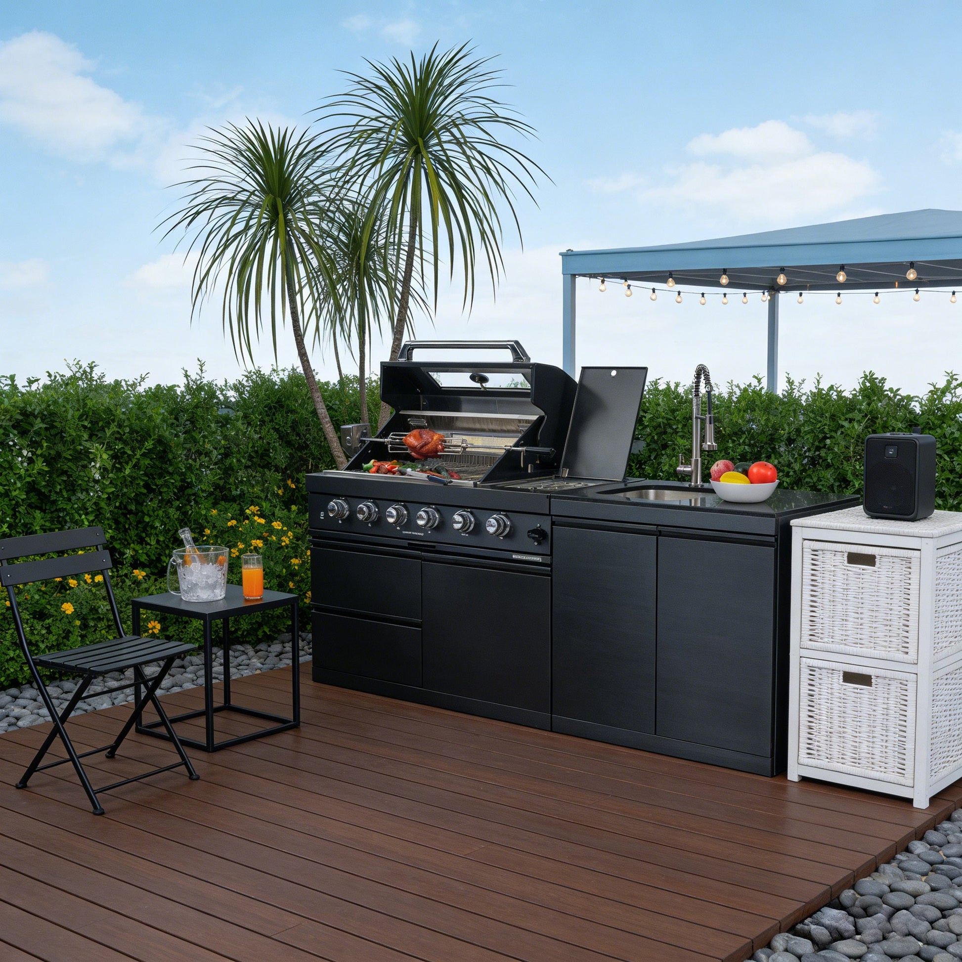46 - Inch 4 - Burner 72000 BTU Deluxe Stainless Steel Gas Outdoor Kitchen Bar Barbecue Island Grill + Round Side Burner + Rotisserie kit + Granite Countertops+Sink and faucet - 1st Choice Furniture Direct