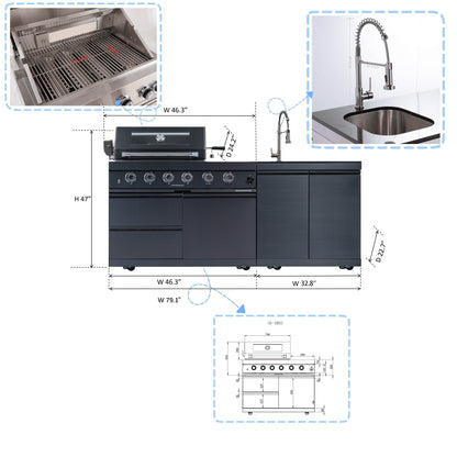 46 - Inch 4 - Burner 72000 BTU Deluxe Stainless Steel Gas Outdoor Kitchen Bar Barbecue Island Grill + Round Side Burner + Rotisserie kit + Granite Countertops+Sink and faucet - 1st Choice Furniture Direct