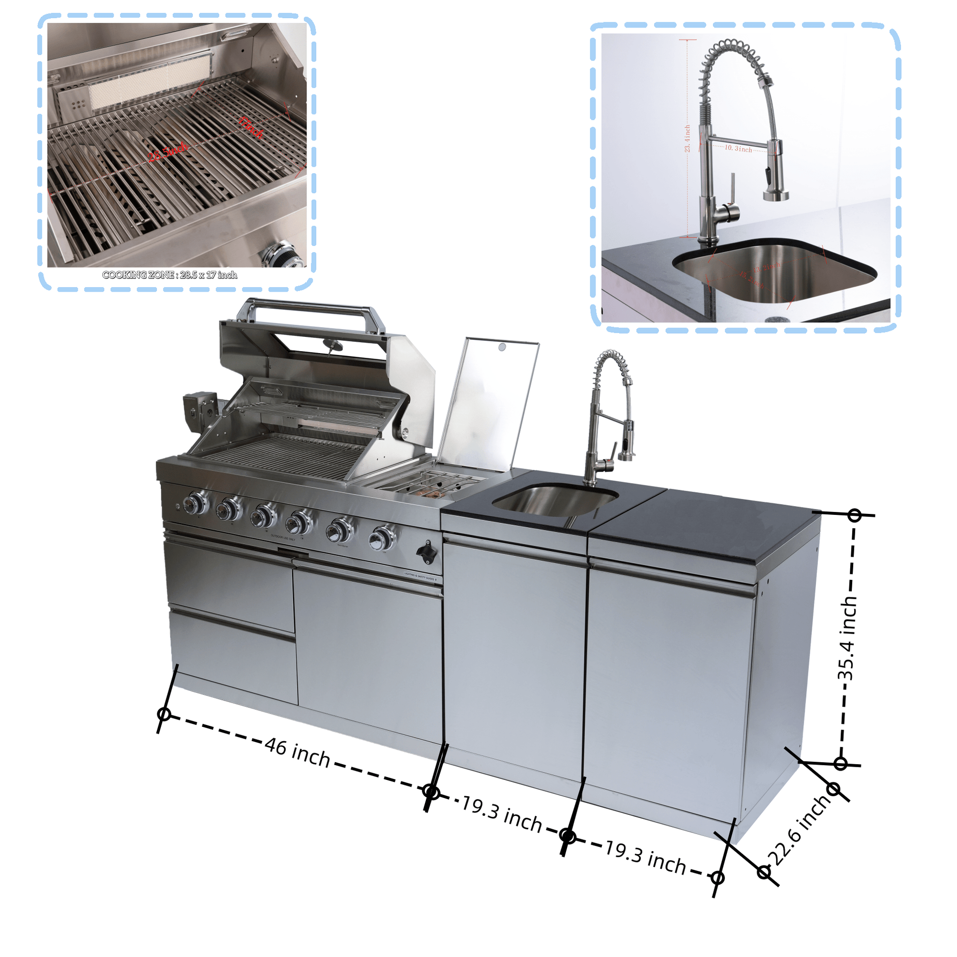 46 - Inch 4 - Burner 72000 BTU Deluxe Stainless Steel Gas Outdoor Kitchen Bar Barbecue Island Grill +Side B Rotisserie + Granite Countertops + Storage Cabinets & Drawers + Stainless Steel Sink/Faucet - 1st Choice Furniture Direct