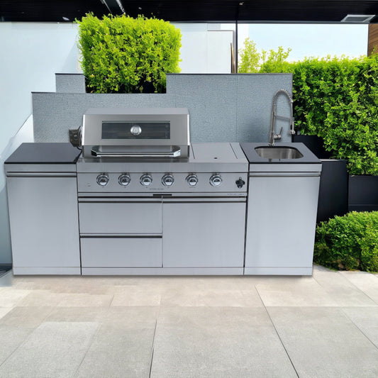46 - Inch 4 - Burner 72000 BTU Deluxe Stainless Steel Gas Outdoor Kitchen Bar Barbecue Island Grill +Side B Rotisserie + Granite Countertops + Storage Cabinets & Drawers + Stainless Steel Sink/Faucet - 1st Choice Furniture Direct