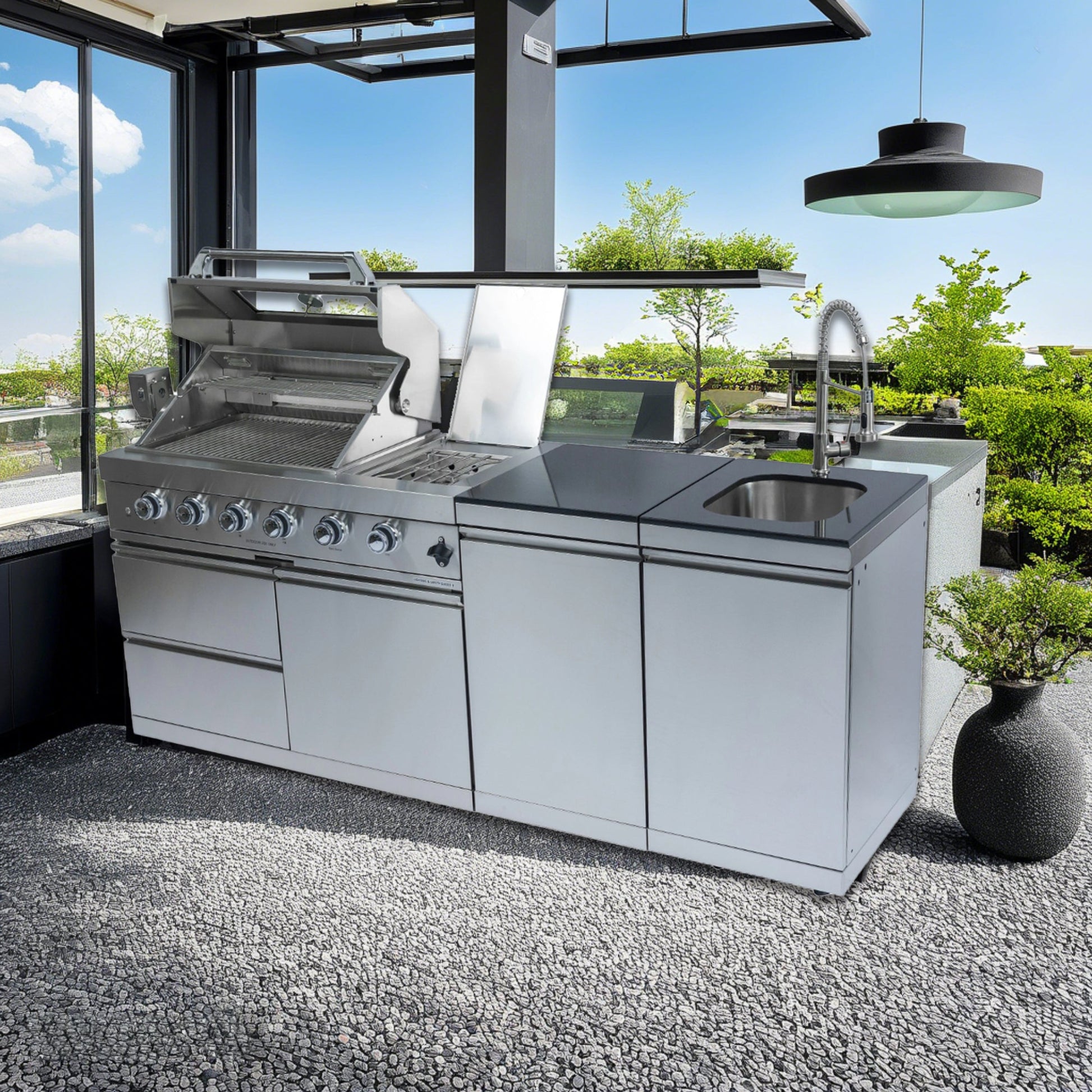 46 - Inch 4 - Burner 72000 BTU Deluxe Stainless Steel Gas Outdoor Kitchen Bar Barbecue Island Grill +Side B Rotisserie + Granite Countertops + Storage Cabinets & Drawers + Stainless Steel Sink/Faucet - 1st Choice Furniture Direct
