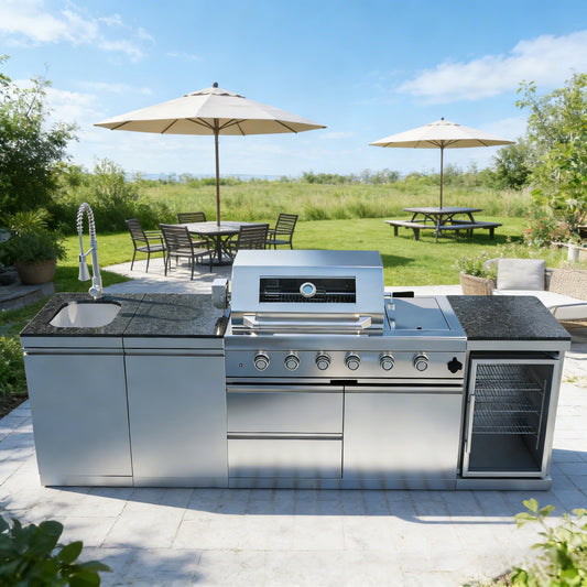 46 - Inch 4 - Burner 72000 BTU Deluxe Stainless Steel Gas Outdoor Kitchen Bar Barbecue Island Grill + Wine Cooler Compact Refrigerator + Rotisserie + Granite Countertops + Storage Cabinets & Drawers - 1st Choice Furniture Direct