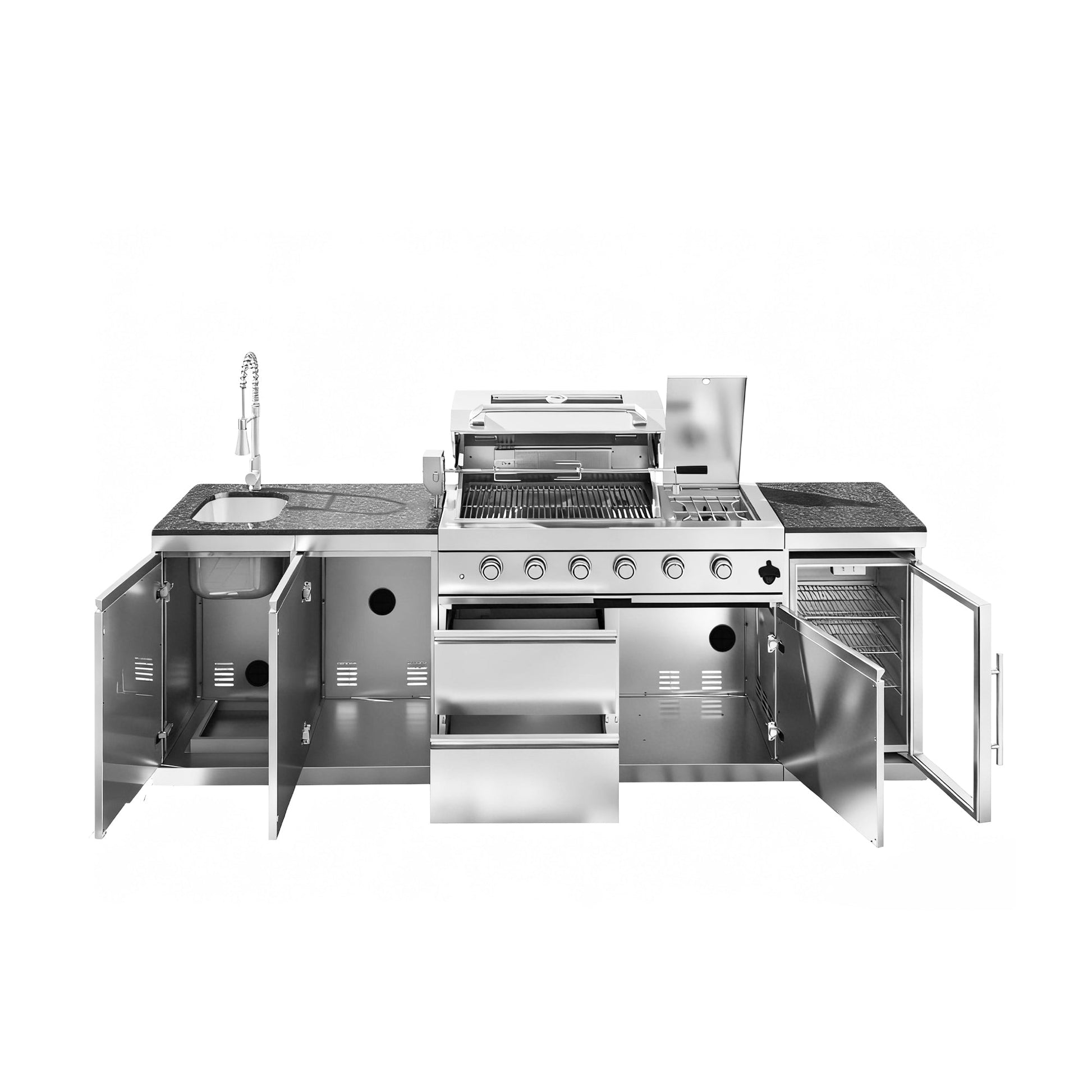 46 - Inch 4 - Burner 72000 BTU Deluxe Stainless Steel Gas Outdoor Kitchen Bar Barbecue Island Grill + Wine Cooler Compact Refrigerator + Rotisserie + Granite Countertops + Storage Cabinets & Drawers - 1st Choice Furniture Direct