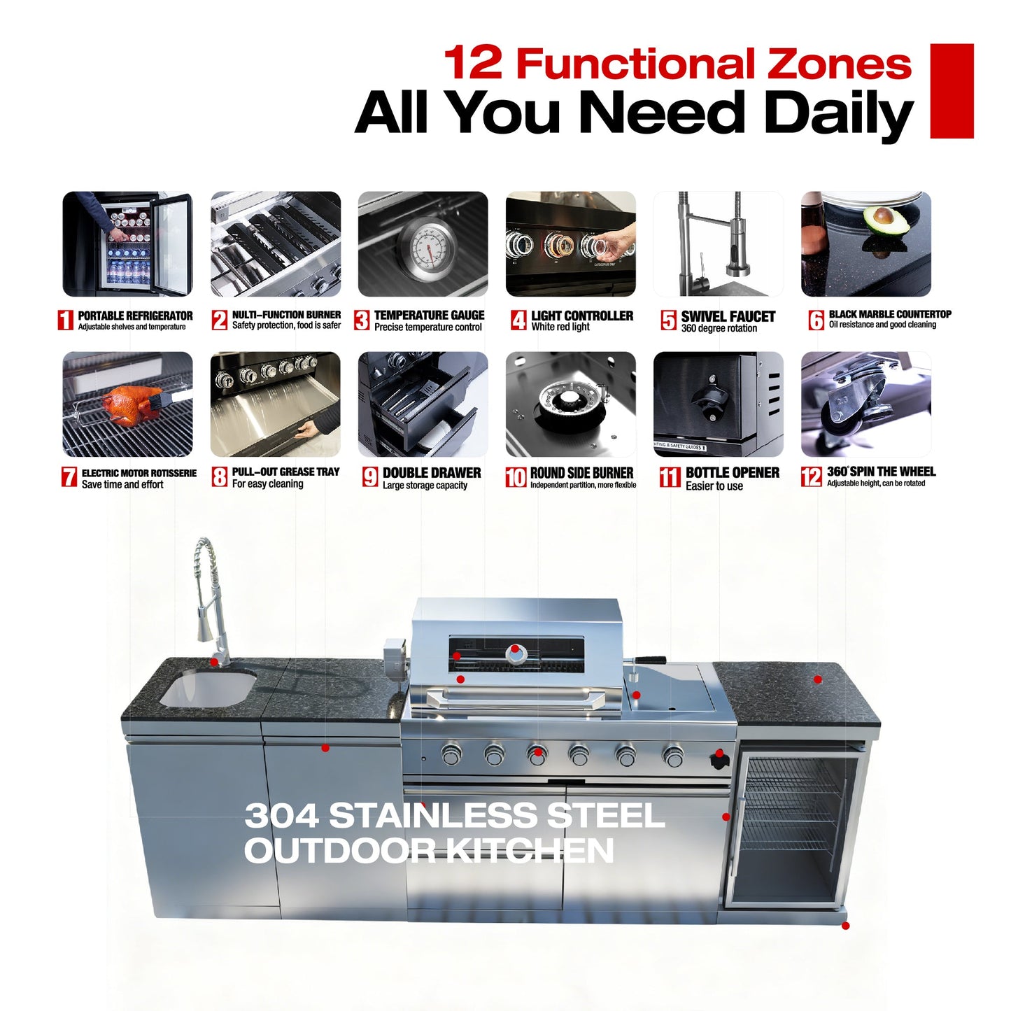 46 - Inch 4 - Burner 72000 BTU Deluxe Stainless Steel Gas Outdoor Kitchen Bar Barbecue Island Grill + Wine Cooler Compact Refrigerator + Rotisserie + Granite Countertops + Storage Cabinets & Drawers - 1st Choice Furniture Direct